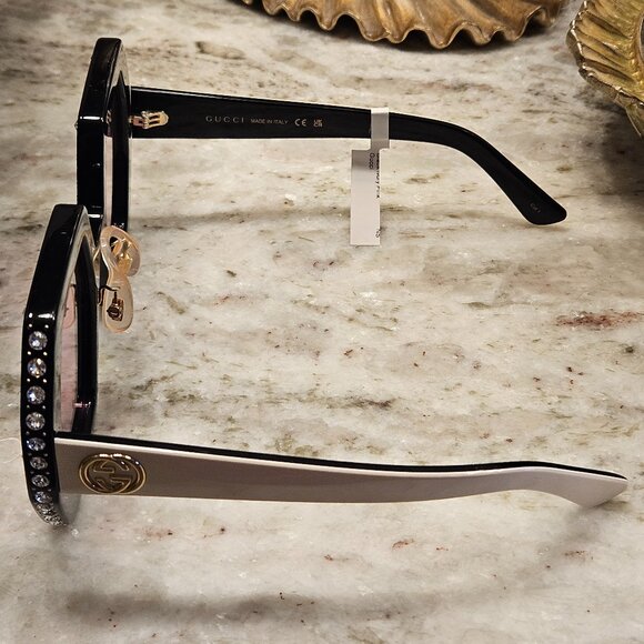 RARE HOLLYWOOD FOREVER GUCCI BLACK CRYSTAL ITALY GEOMETRIC OVERSIZED SUNGLASSES - Picture 4 of 8